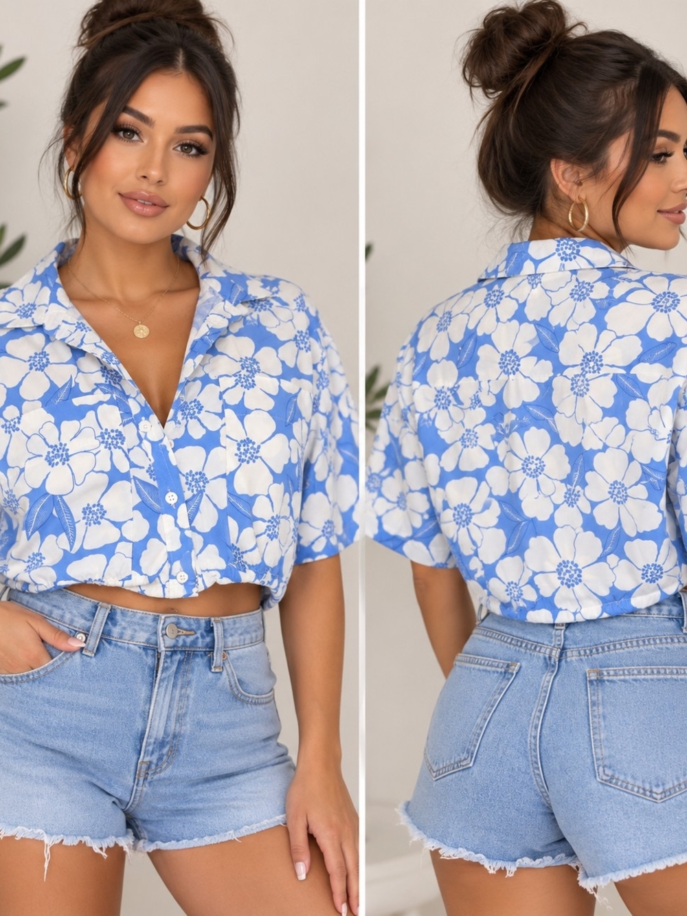 Zara Blue and White Floral Button-Down Crop Shirt